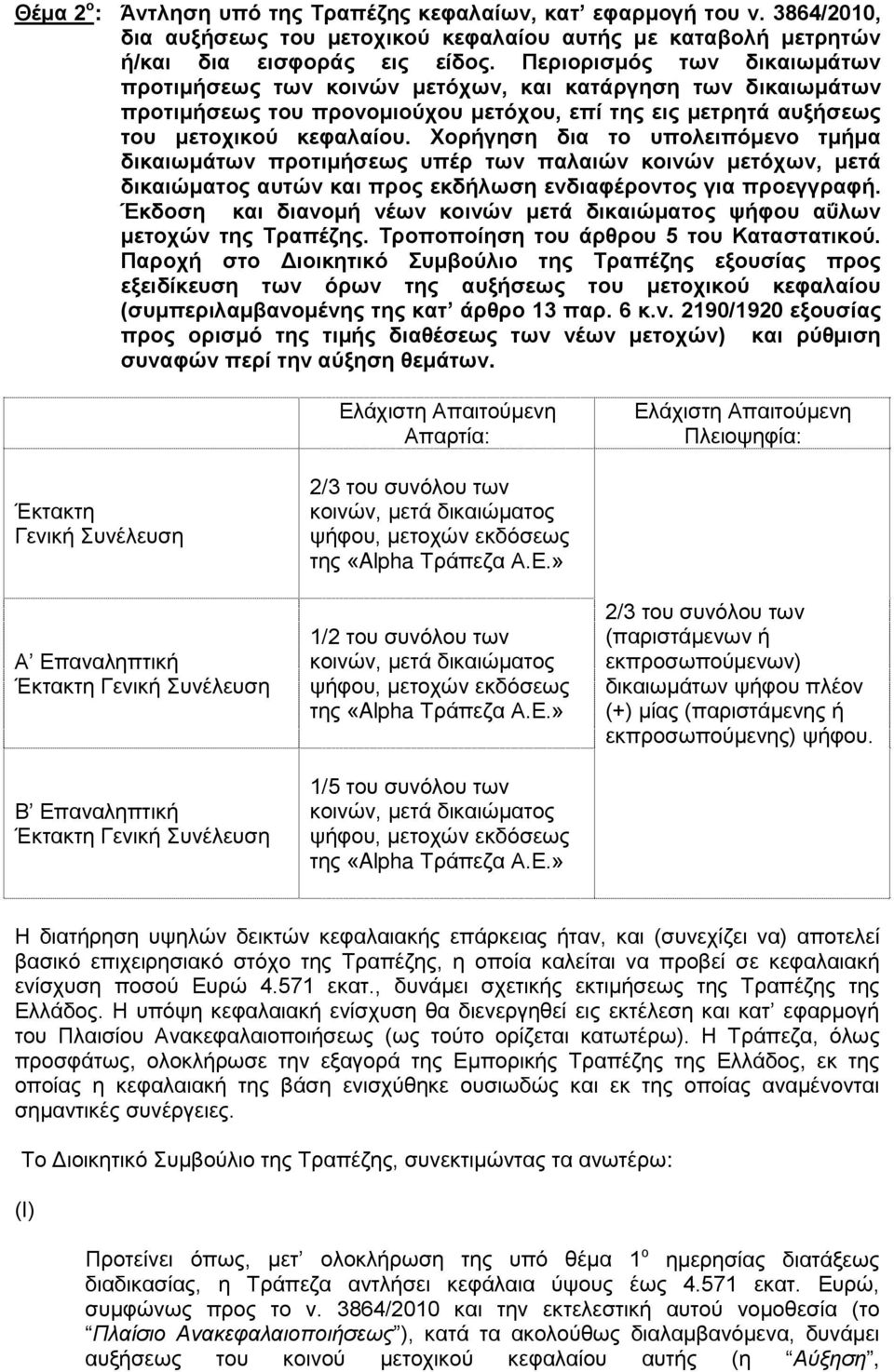 Χορήγηση δια το υπολειπόμενο τμήμα δικαιωμάτων προτιμήσεως υπέρ των παλαιών κοινών μετόχων, μετά δικαιώματος αυτών και προς εκδήλωση ενδιαφέροντος για προεγγραφή.