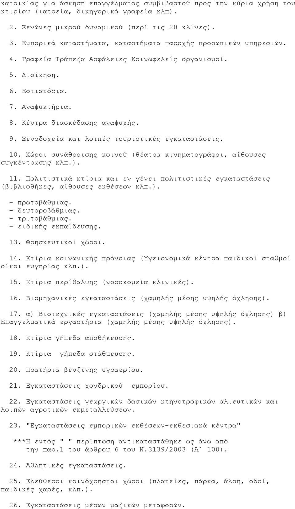 Ξενοδοχεία και λοιπές τουριστικές εγκαταστάσεις. 10. Χώροι συνάθροισης κοινού (θέατρα κινηµατογράφοι, αίθουσες συγκέντρωσης κλπ.). 11.