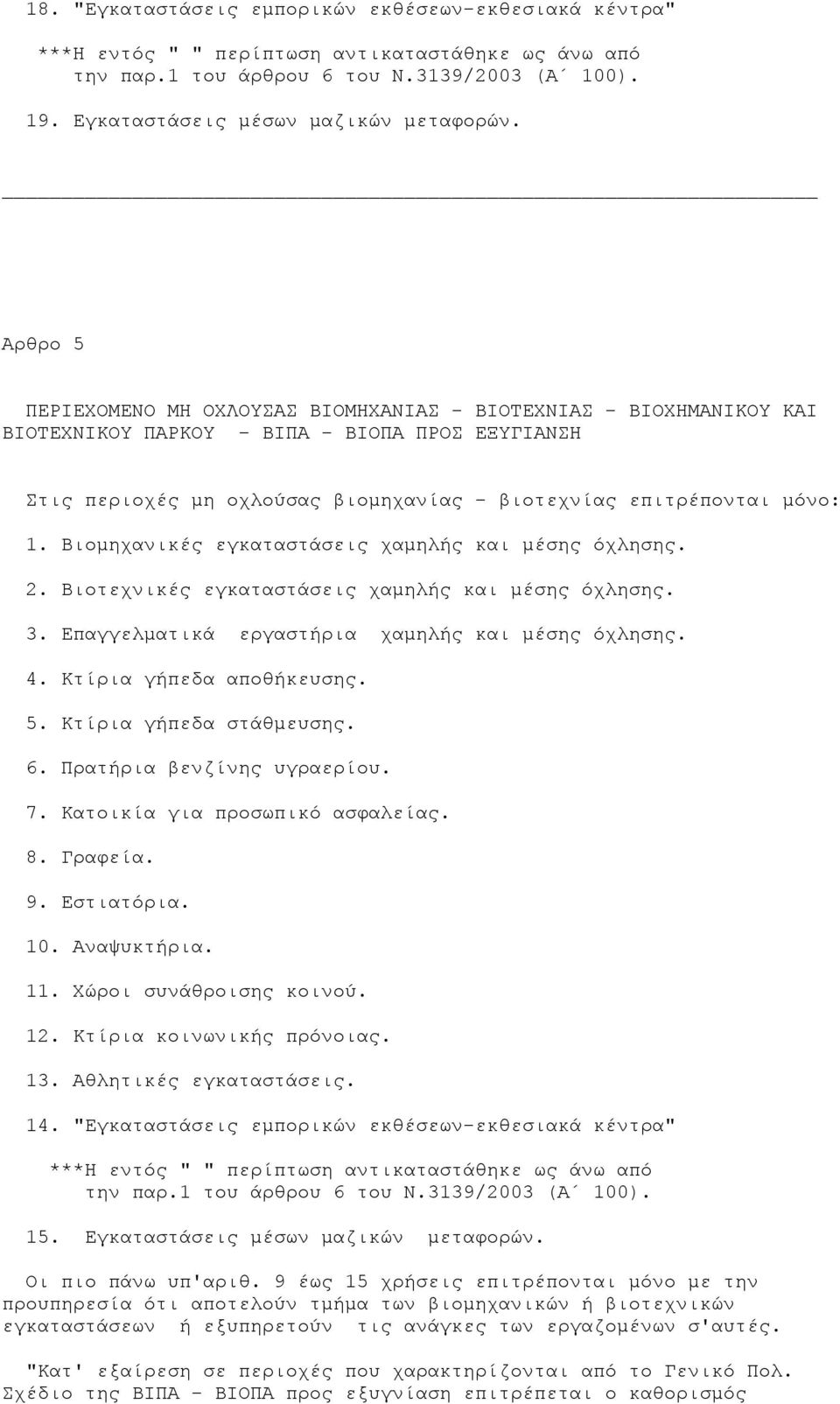 Βιοµηχανικές εγκαταστάσεις χαµηλής και µέσης όχλησης. 2. Βιοτεχνικές εγκαταστάσεις χαµηλής και µέσης όχλησης. 3. Επαγγελµατικά εργαστήρια χαµηλής και µέσης όχλησης. 4. Κτίρια γήπεδα αποθήκευσης. 5.