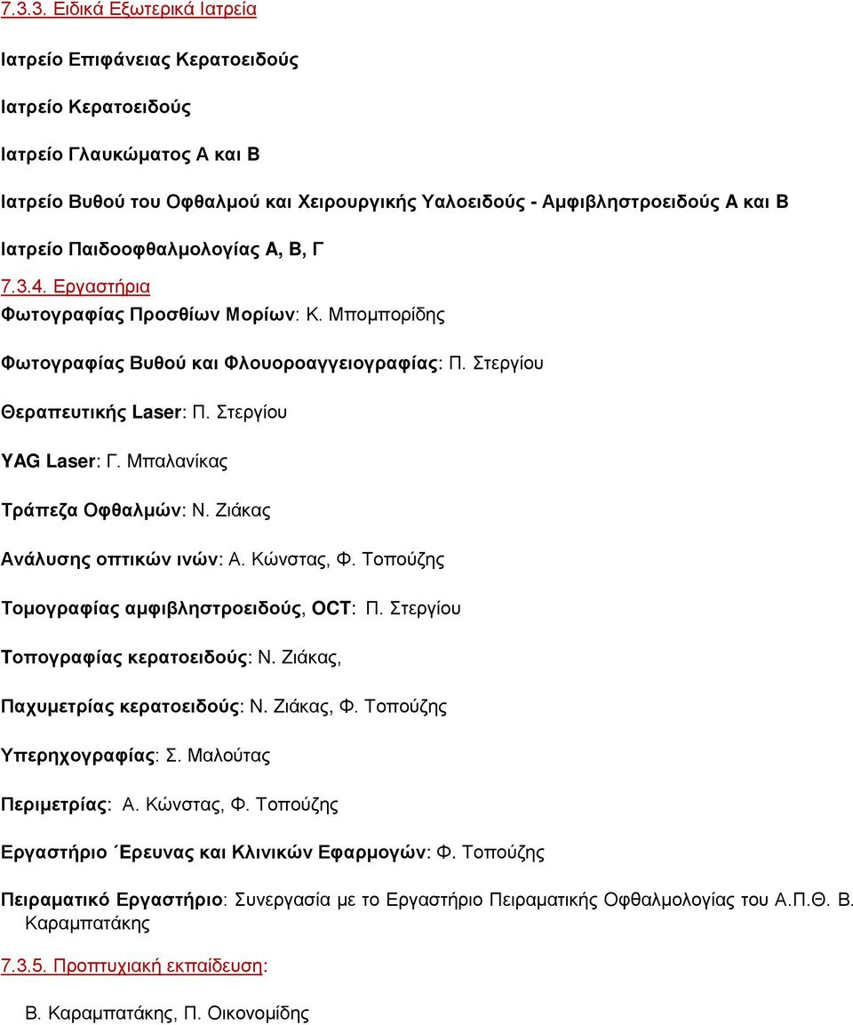 Mπαλανίκας Τράπεζα Οφθαλμών: Ν. Ζιάκας Ανάλυσης οπτικών ινών: Α. Κώνστας, Φ. Τοπούζης Τομογραφίας αμφιβληστροειδούς, OCT: Π. Στεργίου Tοπογραφίας κερατοειδούς: N. Zιάκας, Παχυμετρίας κερατοειδούς: N.