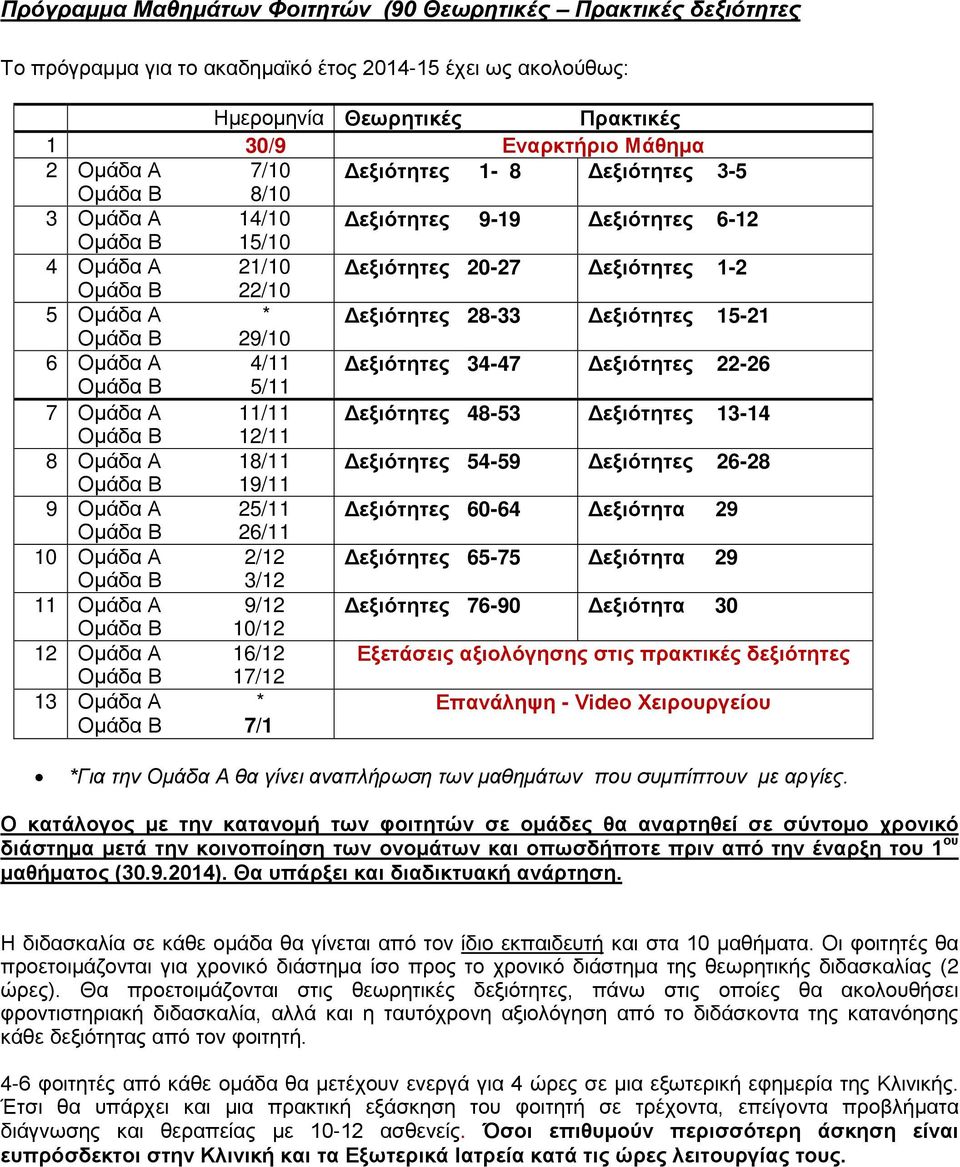 Δεξιότητες 15-21 Ομάδα Β 29/10 6 Ομάδα Α 4/11 Δεξιότητες 34-47 Δεξιότητες 22-26 Ομάδα Β 5/11 7 Ομάδα Α 11/11 Δεξιότητες 48-53 Δεξιότητες 13-14 Ομάδα Β 12/11 8 Ομάδα Α 18/11 Δεξιότητες 54-59