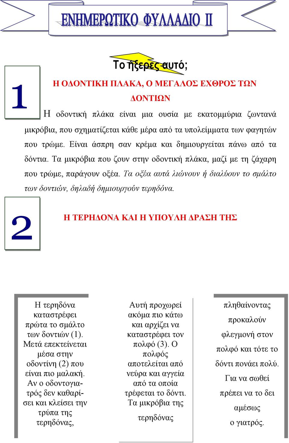 Τα οξέα αυτά λιώνουν ή διαλύουν το σµάλτο των δοντιών, δηλαδή δηµιουργούν τερηδόνα. 2 Η ΤΕΡΗ ΟΝΑ ΚΑΙ Η ΥΠΟΥΛΗ ΡΑΣΗ ΤΗΣ Η τερηδόνα καταστρέφει πρώτα το σµάλτο των δοντιών (1).