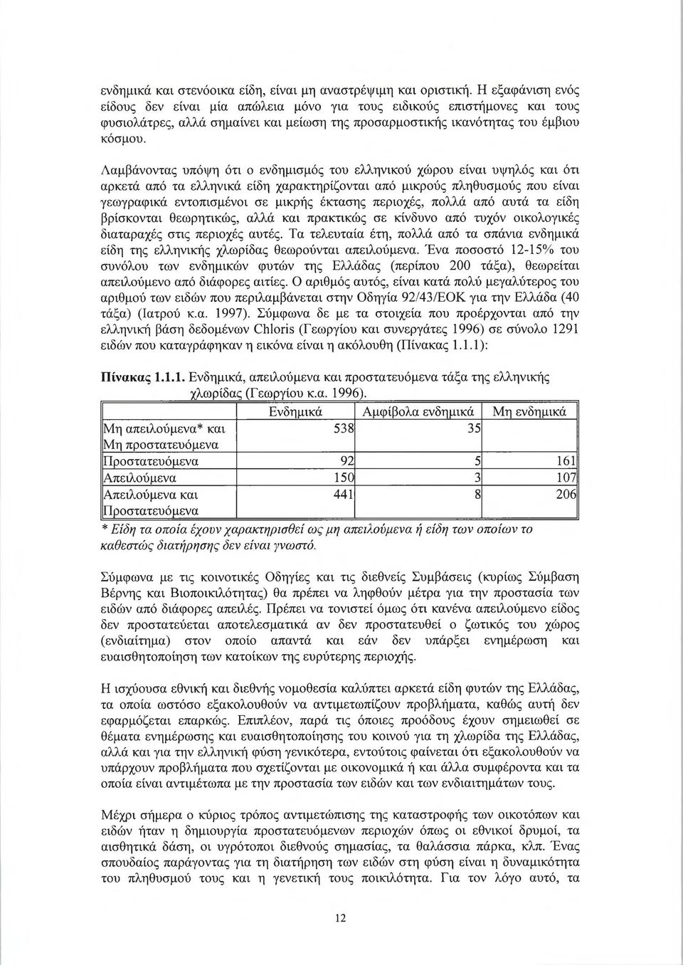 Λαμβάνοντας υπόψη ότι ο ενδημισμός του ελληνικού χώρου είναι υψηλός και ότι αρκετά από τα ελληνικά είδη χαρακτηρίζονται από μικρούς πληθυσμούς που είναι γεωγραφικά εντοπισμένοι σε μικρής έκτασης
