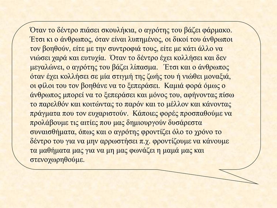 Όταν το δέντρο έχει κολλήσει και δεν μεγαλώνει, ο αγρότης του βάζει λίπασμα.