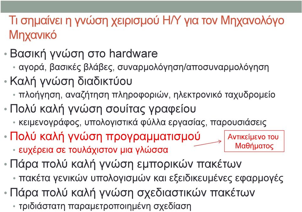 φύλλα εργασίας, παρουσιάσεις Πολύ καλή γνώση προγραμματισμού Αντικείμενο του Μαθήματος ευχέρεια σε τουλάχιστον μια γλώσσα Πάρα πολύ καλή γνώση