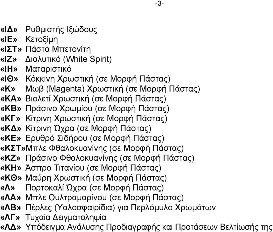 Πάστας) «ΚΣΤ»Μπλε Φθαλοκυανίνης (σε Μορφή Πάστας) «ΚΖ» Πράσινο Φθαλοκυανίνης (σε Μορφή Πάστας) «ΚΗ» Άσπρο Τιτανίου (σε Μορφή Πάστας) «ΚΘ» Μαύρη Χρωστική (σε Μορφή Πάστας) «Λ» Πορτοκαλί Ώχρα
