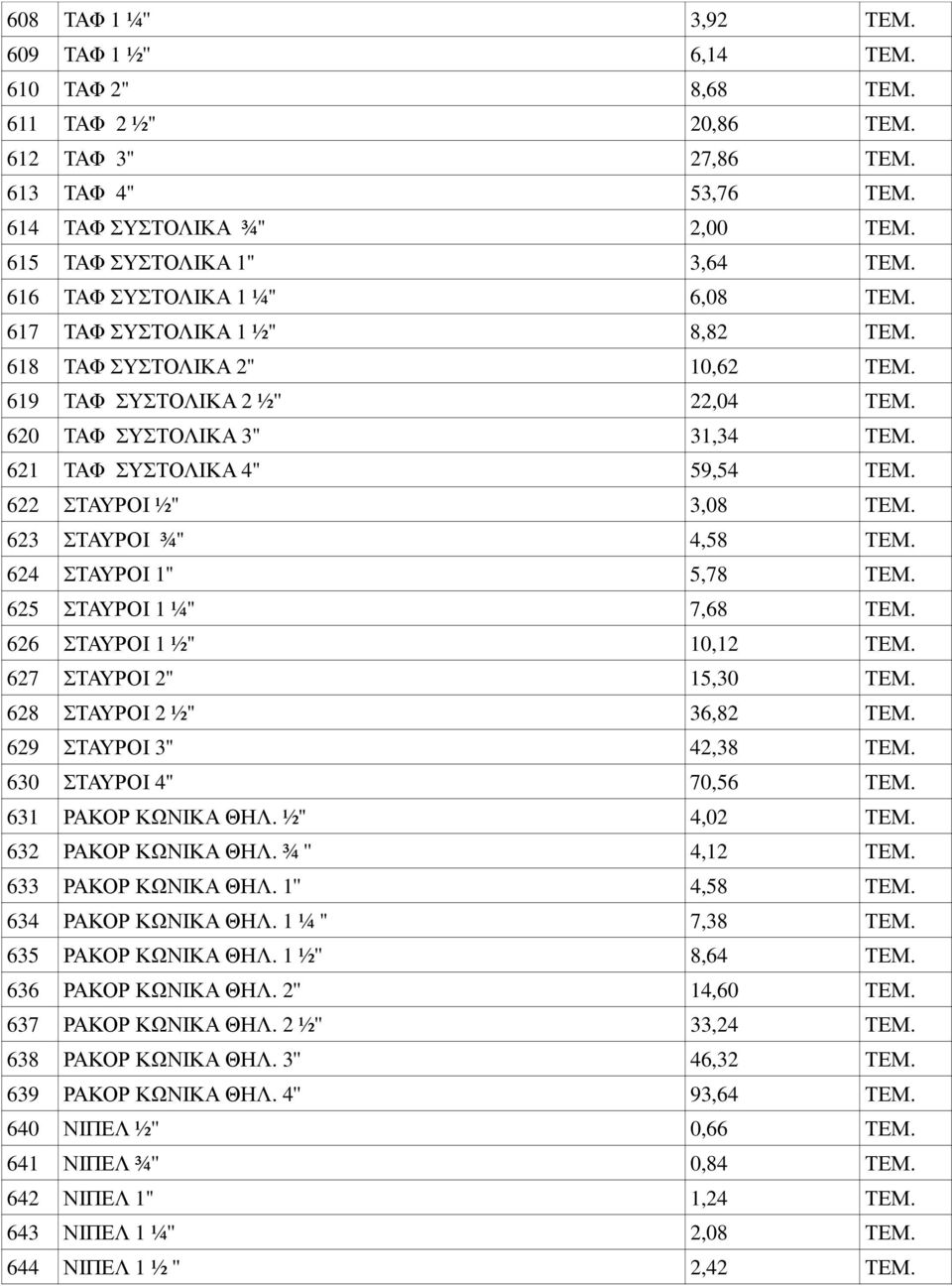 621 ΤΑΦ ΣΥΣΤΟΛΙΚΑ 4'' 59,54 ΤΕΜ. 622 ΣΤΑΥΡΟΙ ½'' 3,08 ΤΕΜ. 623 ΣΤΑΥΡΟΙ ¾'' 4,58 ΤΕΜ. 624 ΣΤΑΥΡΟΙ 1'' 5,78 ΤΕΜ. 625 ΣΤΑΥΡΟΙ 1 ¼'' 7,68 ΤΕΜ. 626 ΣΤΑΥΡΟΙ 1 ½'' 10,12 ΤΕΜ. 627 ΣΤΑΥΡΟΙ 2'' 15,30 ΤΕΜ.