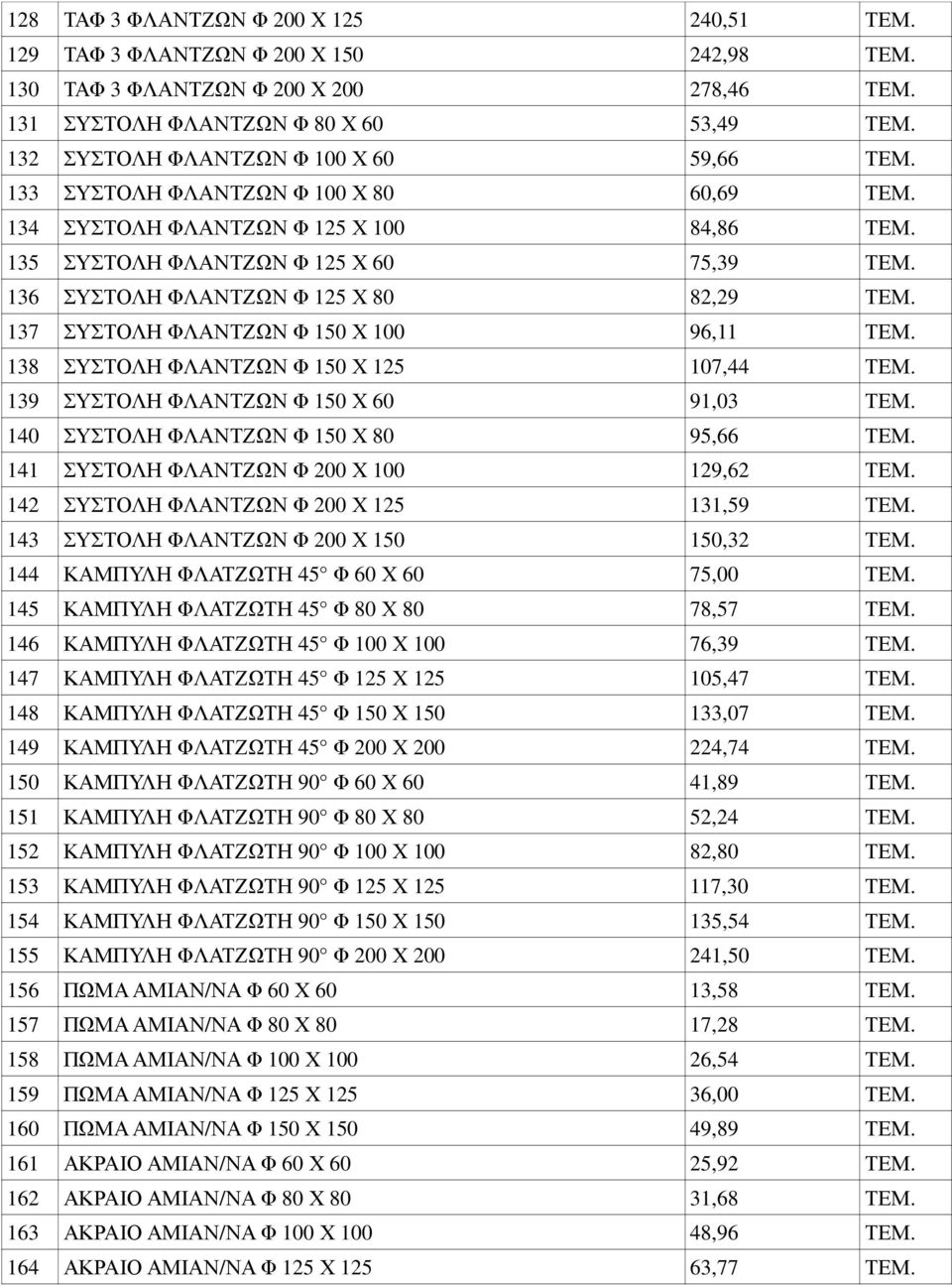 136 ΣΥΣΤΟΛΗ ΦΛΑΝΤΖΩΝ Φ 125 Χ 80 82,29 ΤΕΜ. 137 ΣΥΣΤΟΛΗ ΦΛΑΝΤΖΩΝ Φ 150 Χ 100 96,11 ΤΕΜ. 138 ΣΥΣΤΟΛΗ ΦΛΑΝΤΖΩΝ Φ 150 Χ 125 107,44 ΤΕΜ. 139 ΣΥΣΤΟΛΗ ΦΛΑΝΤΖΩΝ Φ 150 Χ 60 91,03 ΤΕΜ.