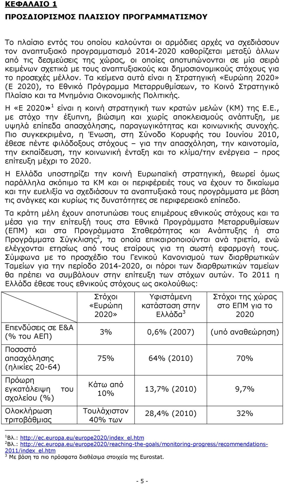 Τα κείµενα αυτά είναι η Στρατηγική «Ευρώπη 2020» (Ε 2020), το Εθνικό Πρόγραµµα Μεταρρυθµίσεων, το Κοινό Στρατηγικό Πλαίσιο και τα Μνηµόνια Οικονοµικής Πολιτικής.