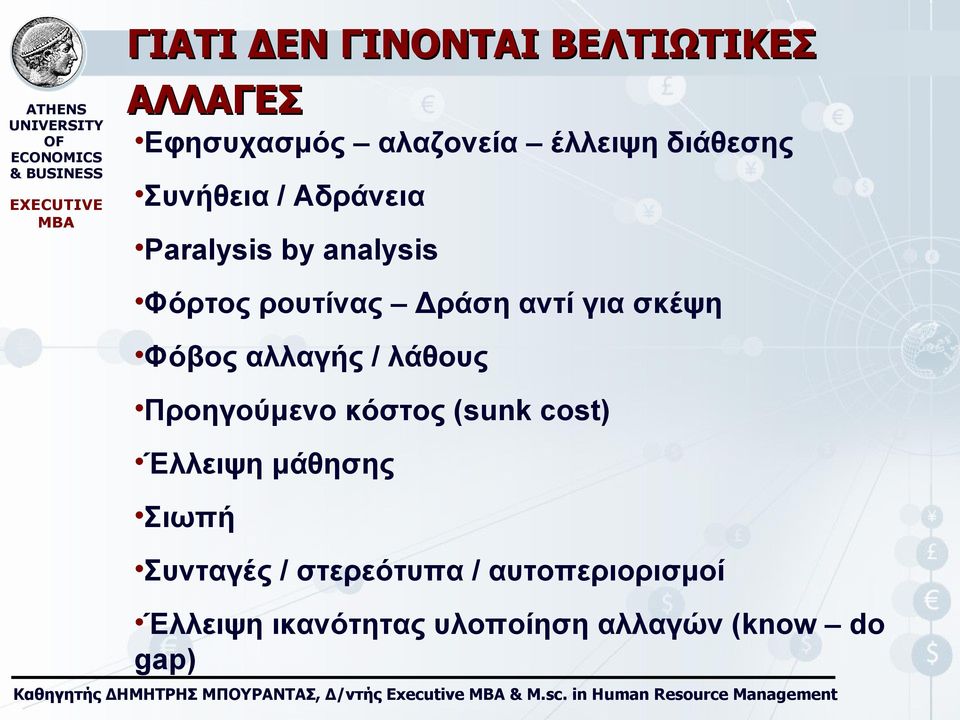 ρουτίνας Δράση αντί για σκέψη Φόβος αλλαγής / λάθους Προηγούμενο κόστος (sunk cost) Έλλειψη