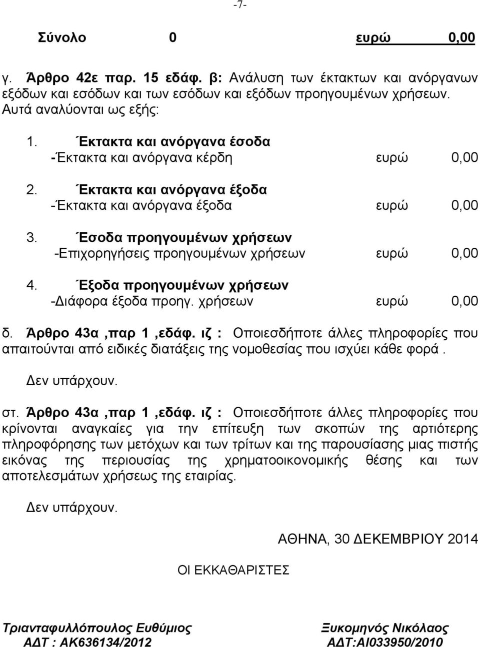 Έσοδα προηγουμένων χρήσεων -Επιχορηγήσεις προηγουμένων χρήσεων ευρώ 0,00 4. Έξοδα προηγουμένων χρήσεων - ιάφορα έξοδα προηγ. χρήσεων ευρώ 0,00 δ. Άρθρο 43α,παρ 1,εδάφ.