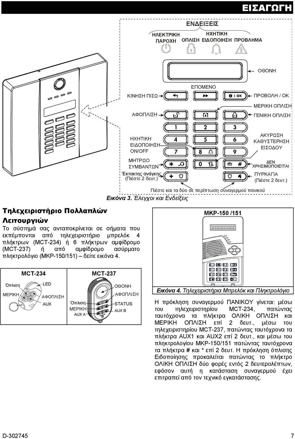 Έλεγχοι και Ενδείξεις Τηλεχειριστήριο Πολλαπλών Λειτουργιών Το σύστημά σας ανταποκρίνεται σε σήματα που εκπέμπονται από τηλεχειριστήριο μπρελόκ 4 πλήκτρων (MCT-234) ή 6 πλήκτρων αμφίδρομο (MCT-237) ή