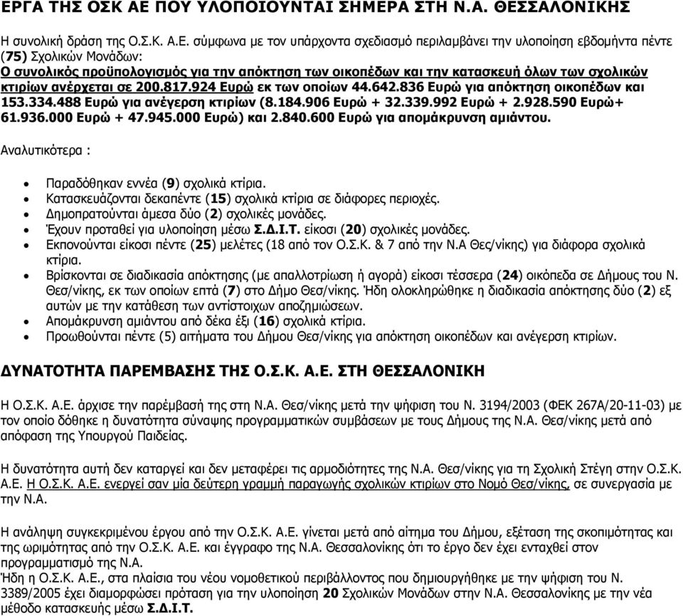 488 Ευρώ για ανέγερση κτιρίων (8.184.906 Ευρώ + 32.339.992 Ευρώ + 2.928.590 Ευρώ+ 61.936.000 Ευρώ + 47.945.000 Ευρώ) και 2.840.600 Ευρώ για απομάκρυνση αμιάντου.