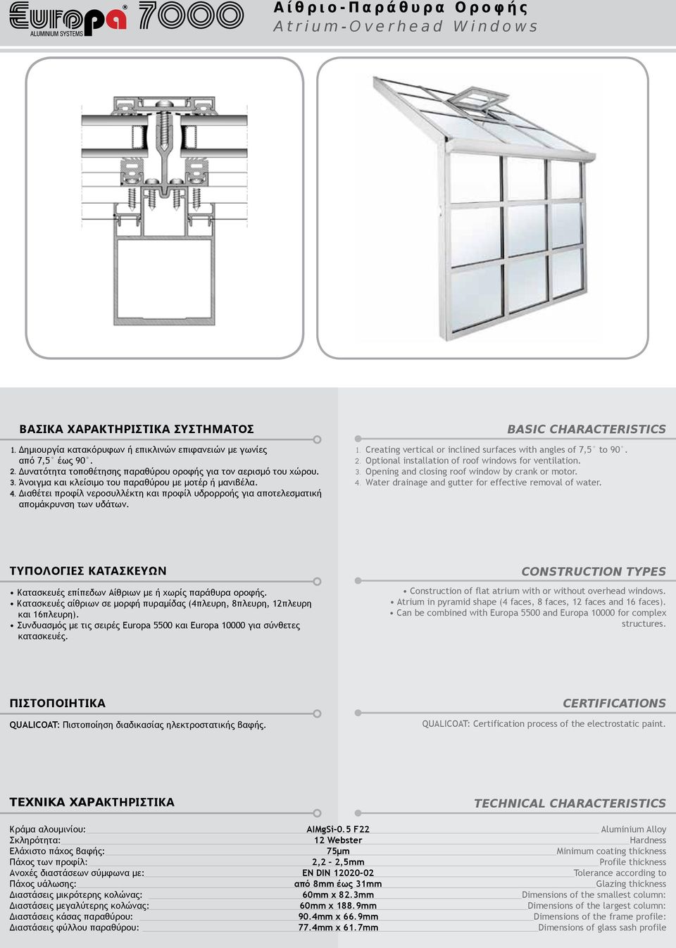 . Creating vertical or inclined surfaces with angles of 7,5 to 90. Optional installation of roof windows for ventilation. Opening and closing roof window by crank or motor.