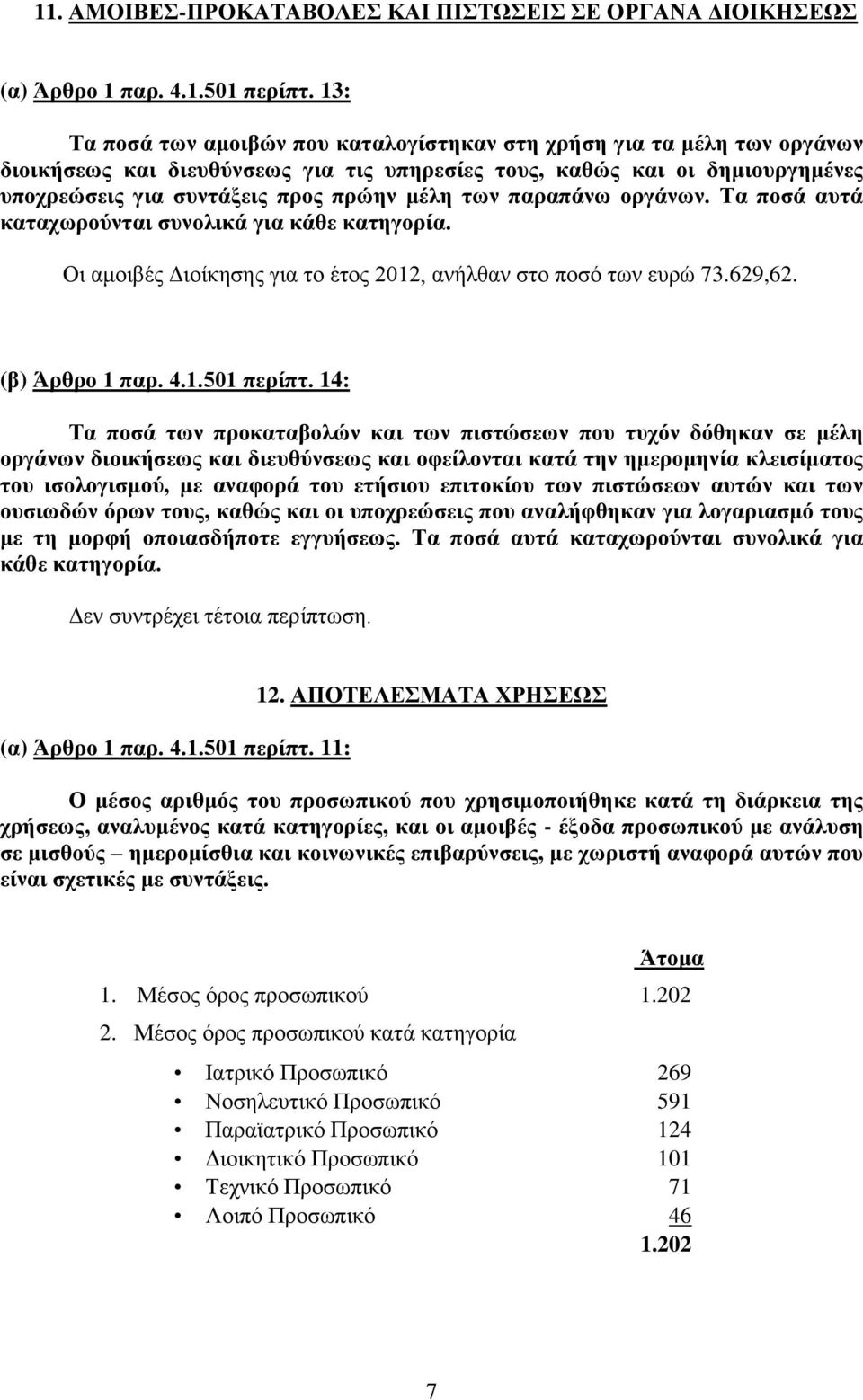των παραπάνω οργάνων. Τα ποσά αυτά καταχωρούνται συνολικά για κάθε κατηγορία. Οι αμοιβές Διοίκησης για το έτος 2012, ανήλθαν στο ποσό των ευρώ 73.629,62. (β) Άρθρο 1 παρ. 4.1.501 περίπτ.