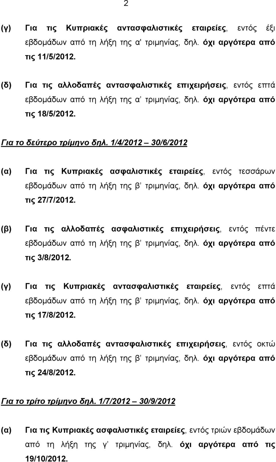 1/4/2012 30/6/2012 Για τις Κυπριακές ασφαλιστικές εταιρείες, εντός τεσσάρων τις 27/7/2012. Για τις αλλοδαπές ασφαλιστικές επιχειρήσεις, εντός πέντε τις 3/8/2012.