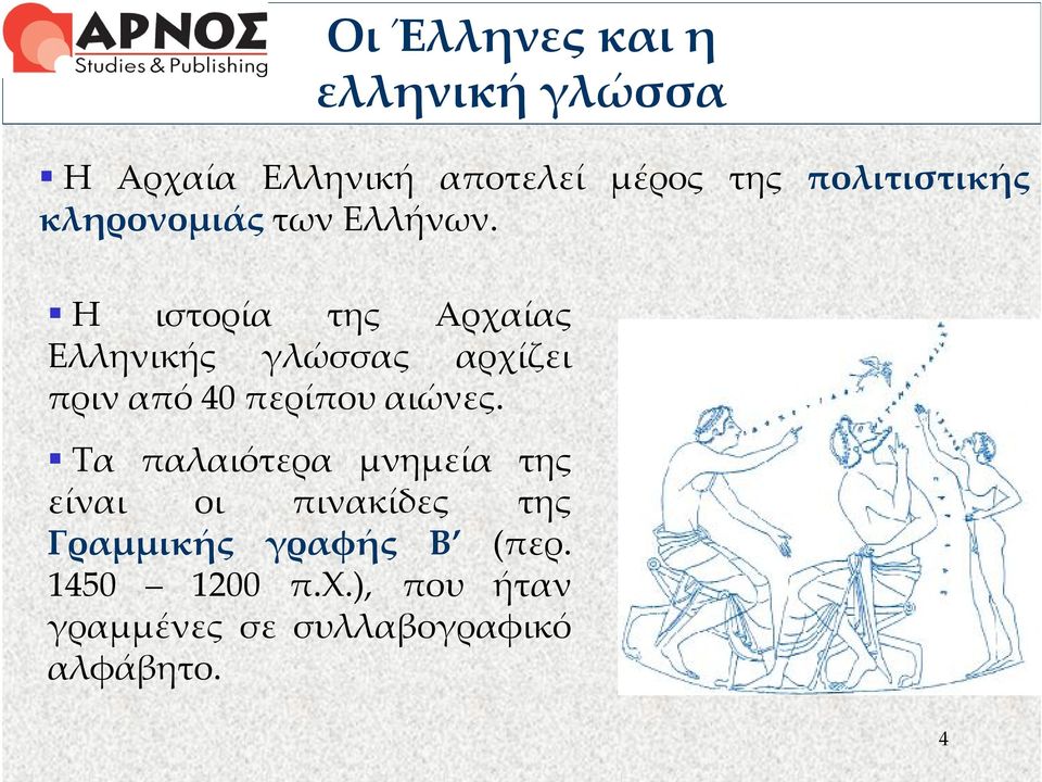 Η ιστορία της Αρχαίας Ελληνικής γλώσσας αρχίζει πριν από 40 περίπου αιώνες.