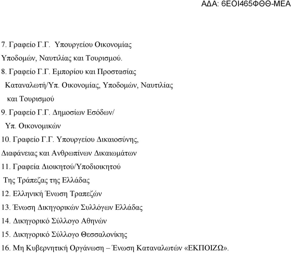 Γραφεία Διοικητού/Υποδιοικητού Της Τράπεζας της Ελλάδας 12. Ελληνική Ένωση Τραπεζών 13. Ένωση Δικηγορικών Συλλόγων Ελλάδας 14.