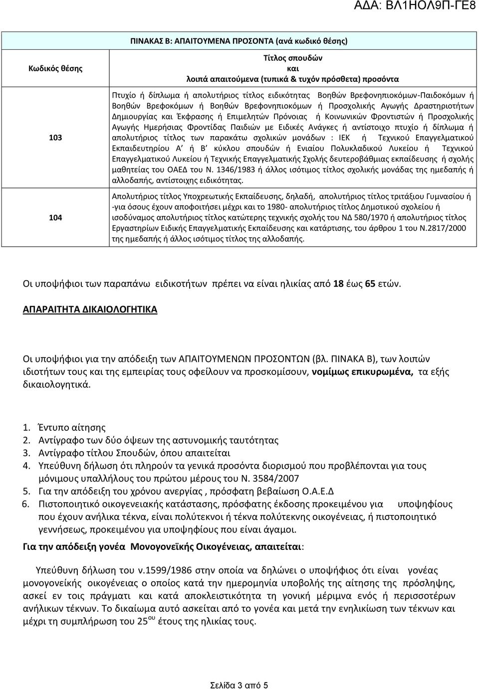 Αγωγής Ημερήσιας Φροντίδας Παιδιών με Ειδικές Ανάγκες ή αντίστοιχο πτυχίο ή δίπλωμα ή απολυτήριος τίτλος των παρακάτω σχολικών μονάδων : ΙΕΚ ή Τεχνικού Επαγγελματικού Εκπαιδευτηρίου Α ή Β κύκλου