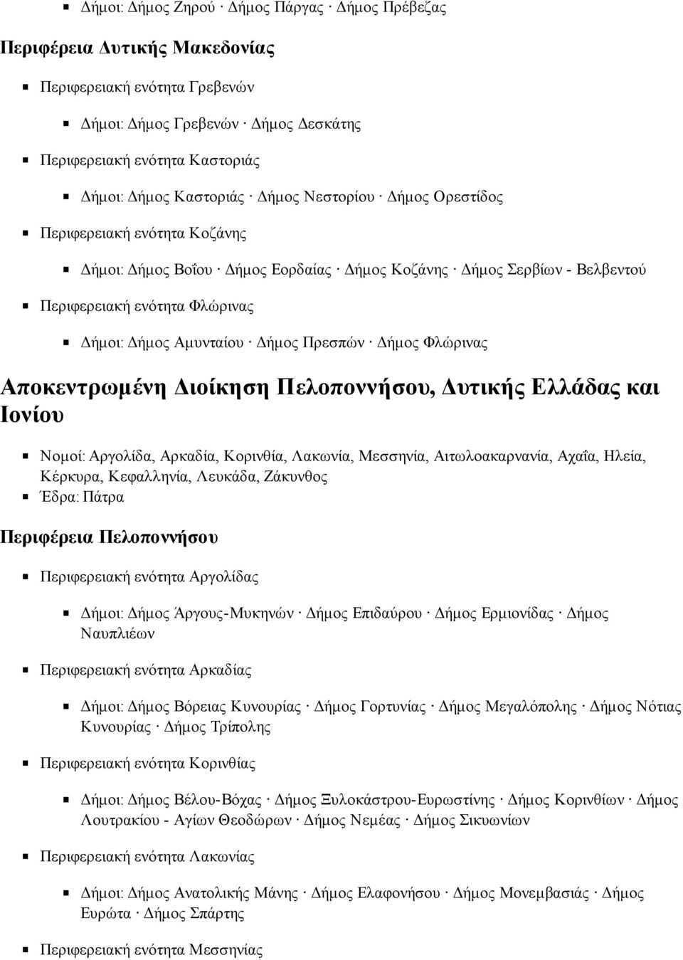 Πρεσπών Δήμος Φλώρινας Αποκεντρωμένη Διοίκηση Πελοποννήσου, Δυτικής Ελλάδας και Ιονίου Νομοί: Αργολίδα, Αρκαδία, Κορινθία, Λακωνία, Μεσσηνία, Αιτωλοακαρνανία, Αχαΐα, Ηλεία, Κέρκυρα, Κεφαλληνία,