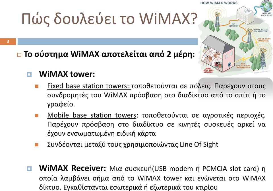 Παρέχουν πρόσβαση στο διαδίκτυο σε κινητές συσκευές αρκεί να έχουν ενσωματωμένη ειδική κάρτα Συνδέονται μεταξύ τους χρησιμοποιώντας Line Of Sight WiMAX