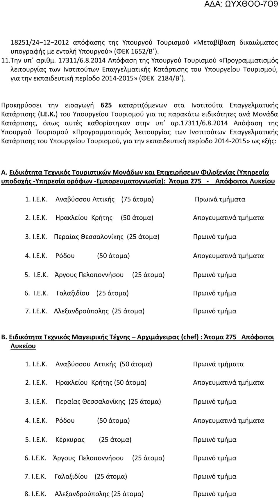 17311/6.8.2014 Απόφαςθ τθσ Υπουργοφ Τουριςμοφ «Ρρογραμματιςμόσ λειτουργίασ των Ινςτιτοφτων Επαγγελματικισ Κατάρτιςθσ του Υπουργείου Τουριςμοφ, για τθν εκπαιδευτικι περίοδο 2014-2015» ωσ εξισ: Α.