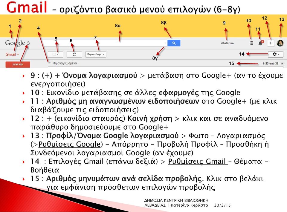 στο Google+ 13 : Προφίλ/Όνομα Google λογαριασμού > Φωτο Λογαριασμός (>Ρυθμίσεις Google) - Απόρρητο - Προβολή Προφίλ Προσθήκη ή Συνδεόμενοι λογαριασμοί Google (αν