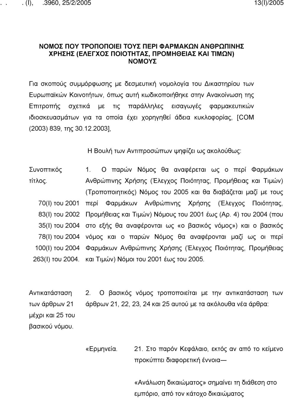 2003], Η Βουλή των Αντιπροσώπων ψηφίζει ως ακολούθως: Συνοπτικός τίτλος. 70(Ι) του 2001 83(Ι) του 2002 35(Ι) του 2004 78(I) του 2004 10