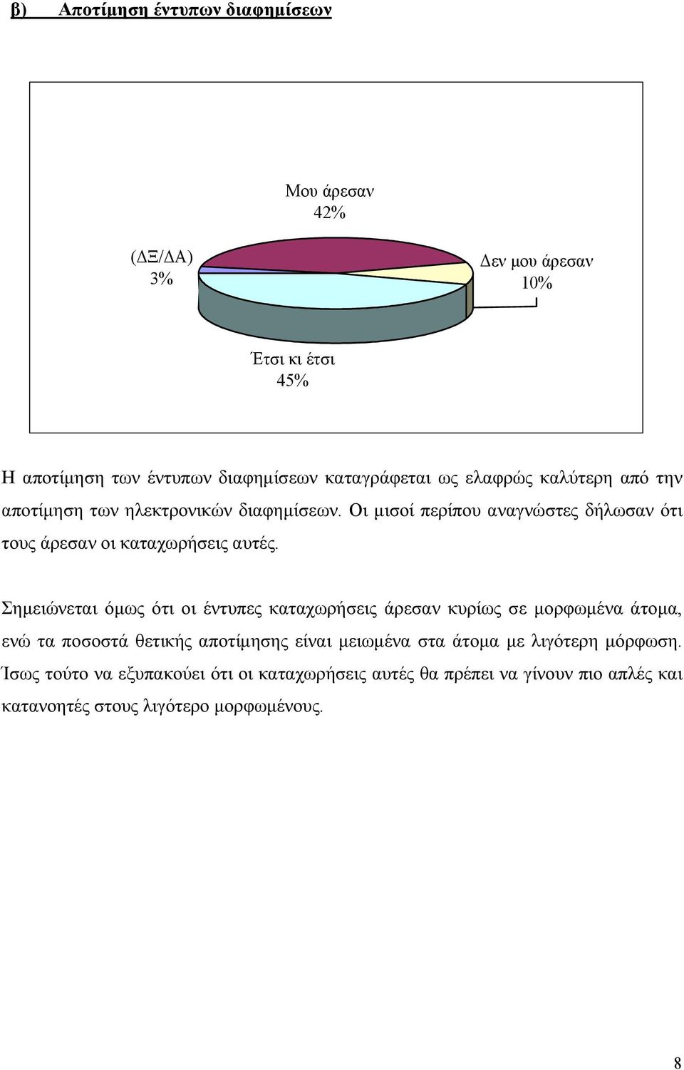 Σηµειώνεται όµως ότι οι έντυπες καταχωρήσεις άρεσαν κυρίως σε µορφωµένα άτοµα, ενώ τα ποσοστά θετικής αποτίµησης είναι µειωµένα στα άτοµα µε