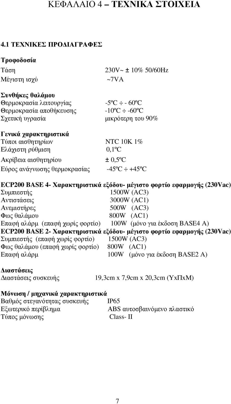 90% Γενικά χαρακτηριστικά Τύποι αισθητηρίων NTC 10Κ 1% Ελάχιστη ρύθµιση 0,1ºC Ακρίβεια αισθητηρίου Εύρος ανάγνωσης θερµοκρασίας ± 0,5ºC -45ºC +45ºC ECP200 BASE 4- Χαρακτηριστικά εξόδου- µέγιστο