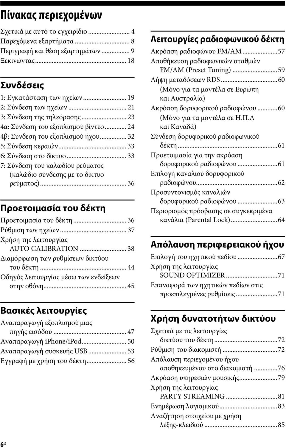 .. 33 7: Σύνδεση του καλωδίου ρεύματος (καλώδιο σύνδεσης με το δίκτυο ρεύματος)... 36 Προετοιμασία του δέκτη Προετοιμασία του δέκτη... 36 Ρύθμιση των ηχείων... 37 Χρήση της λειτουργίας AUTO CALIBRATION.