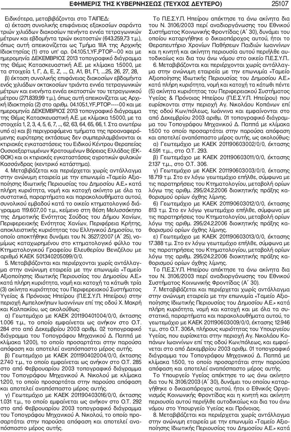1_YF_PTOP 00 και με ημερομηνία ΔΕΚΕΜΒΡΙΟΣ 2013 τοπογραφικό διάγραμμα της Θέμις Κατασκευαστική Α.Ε. με κλίμακα 1:5000, με τα στοιχεία 1, Γ, Δ, Ε, Ζ,..., Ω, Α1, Β1, Γ1,.
