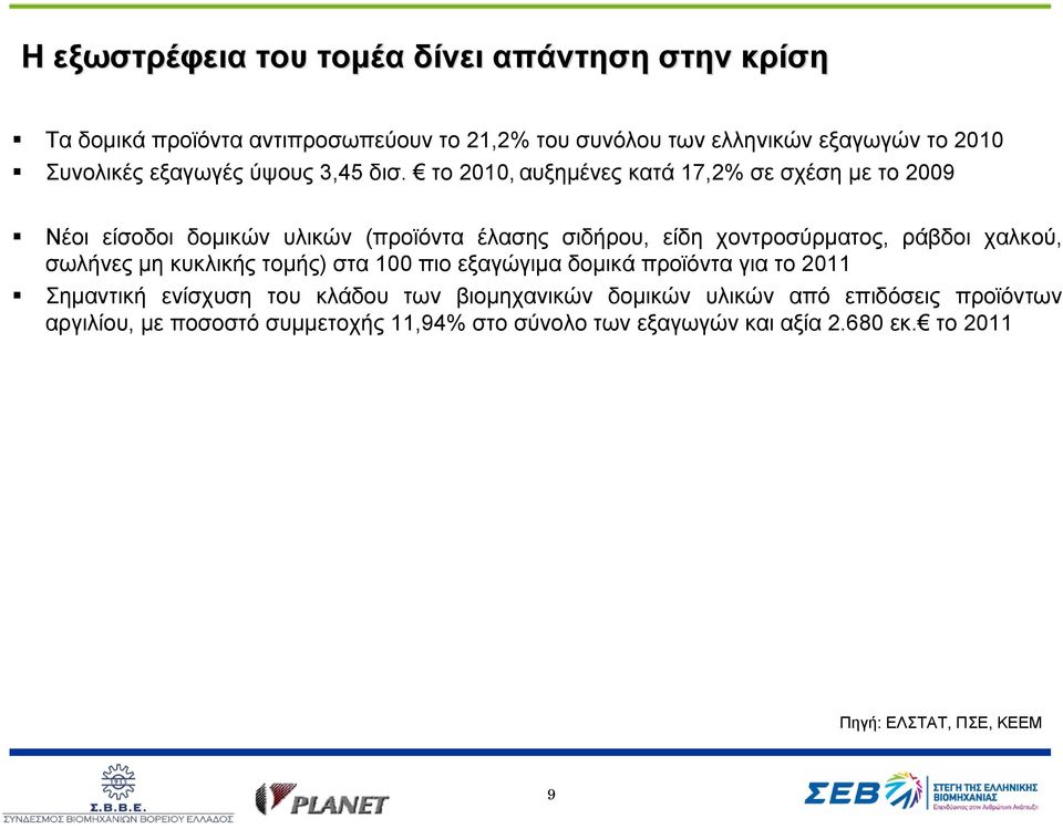 το 2010, αυξημένες κατά 17,2% σε σχέση με το 2009 Νέοι είσοδοι δομικών υλικών (προϊόντα έλασης σιδήρου, είδη χοντροσύρματος, ράβδοι χαλκού,