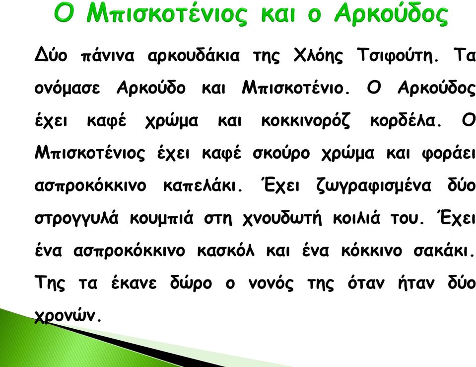 Ο Μπισκοτένιος έχει καφέ σκούρο χρώμα και φοράει ασπροκόκκινο καπελάκι.