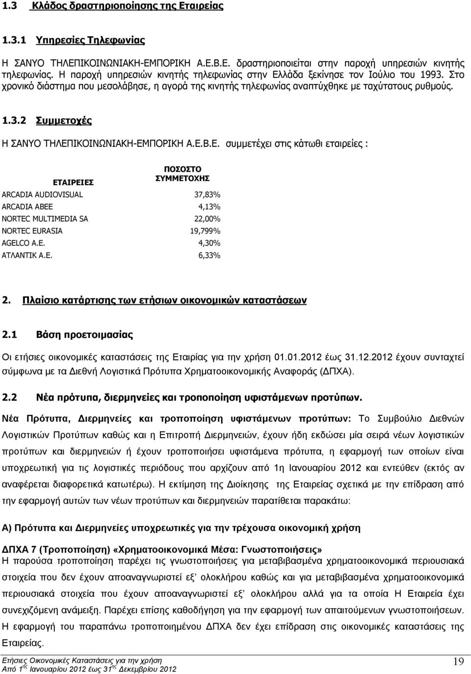 Ε.Β.Ε. συμμετέχει στις κάτωθι εταιρείες : ΕΤΑΙΡΕΙΕΣ ΠΟΣΟΣΤΟ ΣΥΜΜΕΤΟΧΗΣ ARCADIA AUDIOVISUAL 37,83% ARCADIA ΑΒΕΕ 4,13% NORTEC MULTIMEDIA SA 22,00% NORTEC EURASIA 19,799% AGELCO A.E. 4,30% ΑΤΛΑΝΤΙΚ Α.Ε. 6,33% 2.