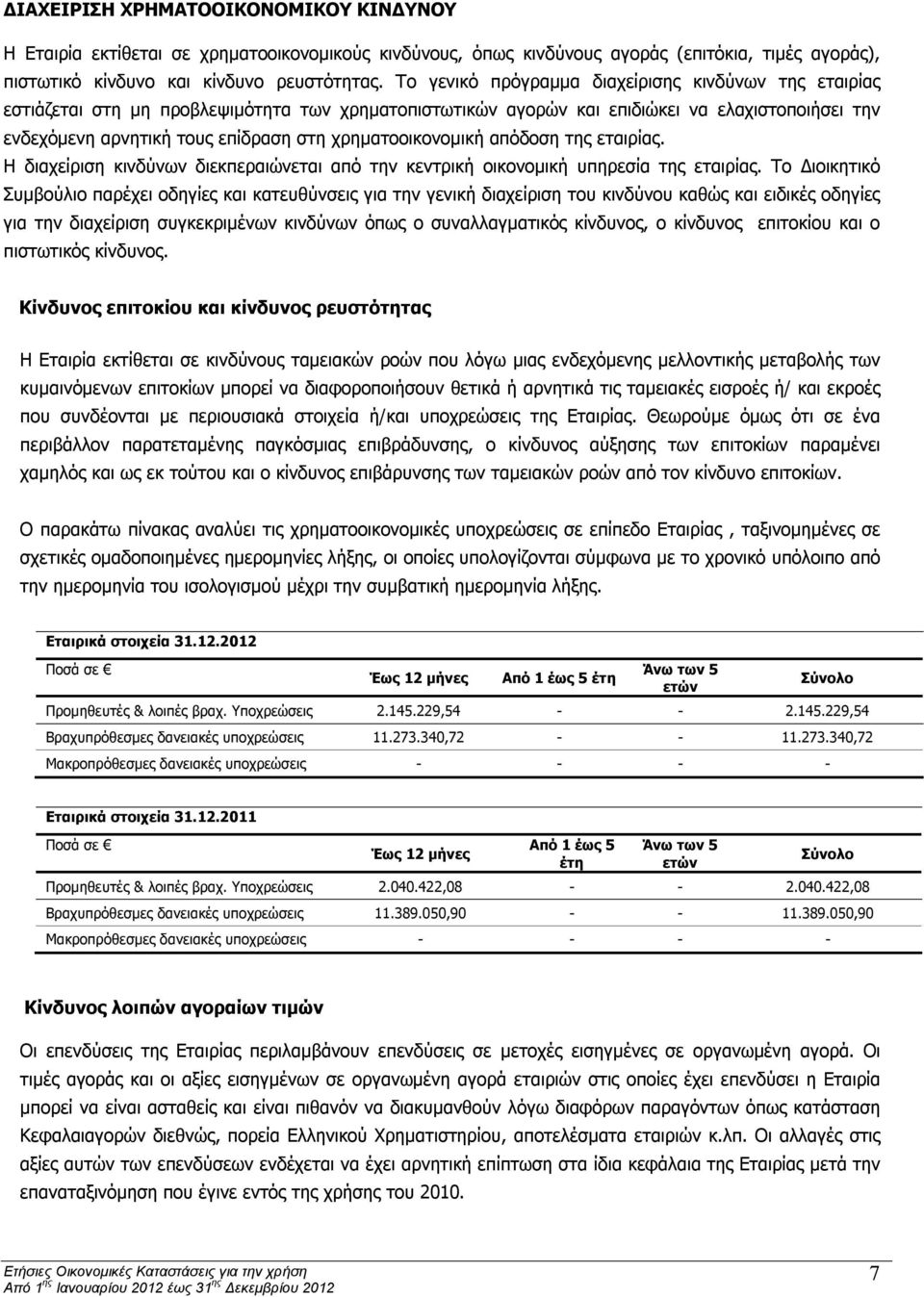 χρηματοοικονομική απόδοση της εταιρίας. Η διαχείριση κινδύνων διεκπεραιώνεται από την κεντρική οικονομική υπηρεσία της εταιρίας.