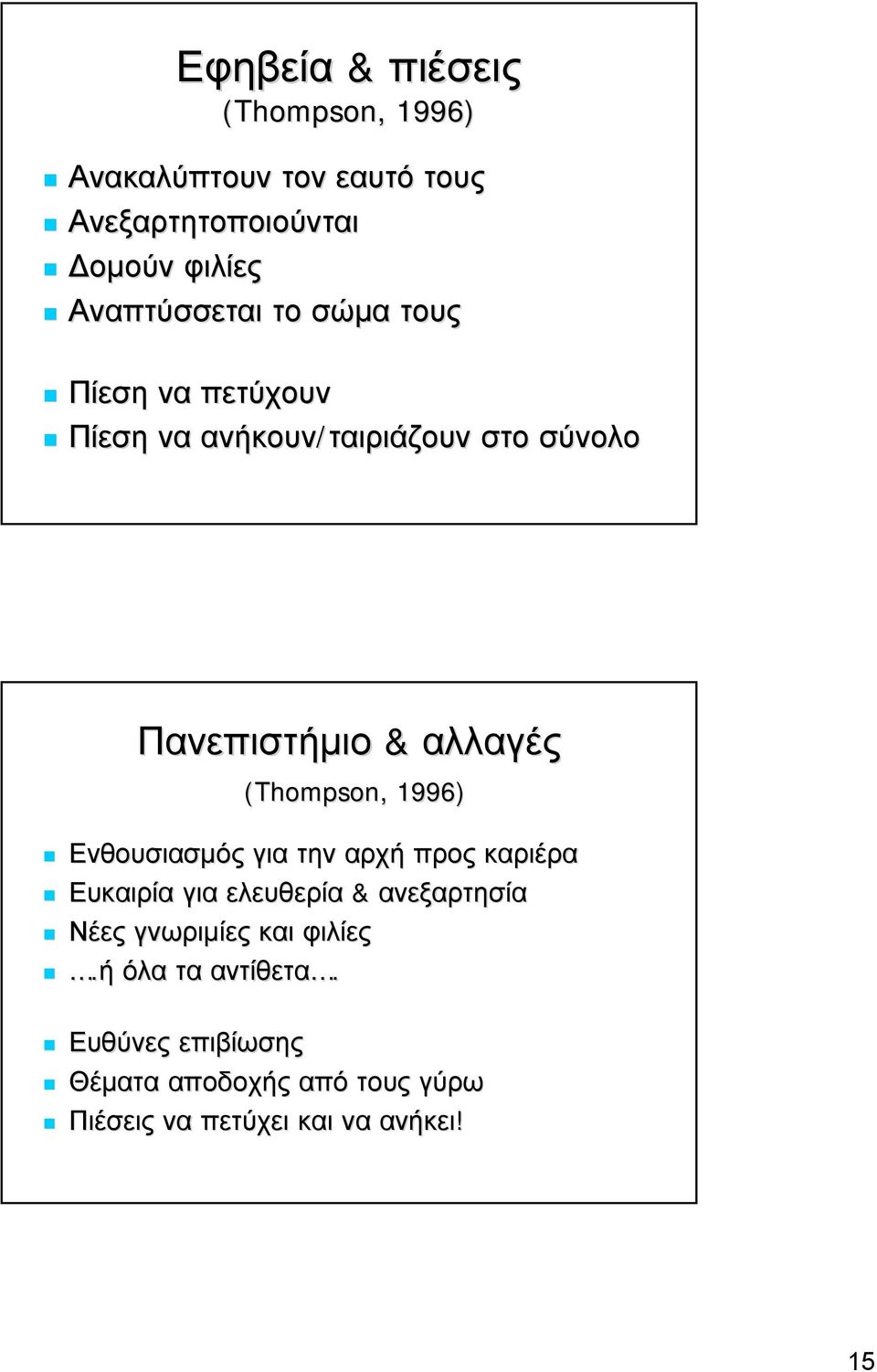 (Thompson, 1996) Ενθουσιασμός για την αρχή προς καριέρα Ευκαιρία για ελευθερία & ανεξαρτησία Νέες