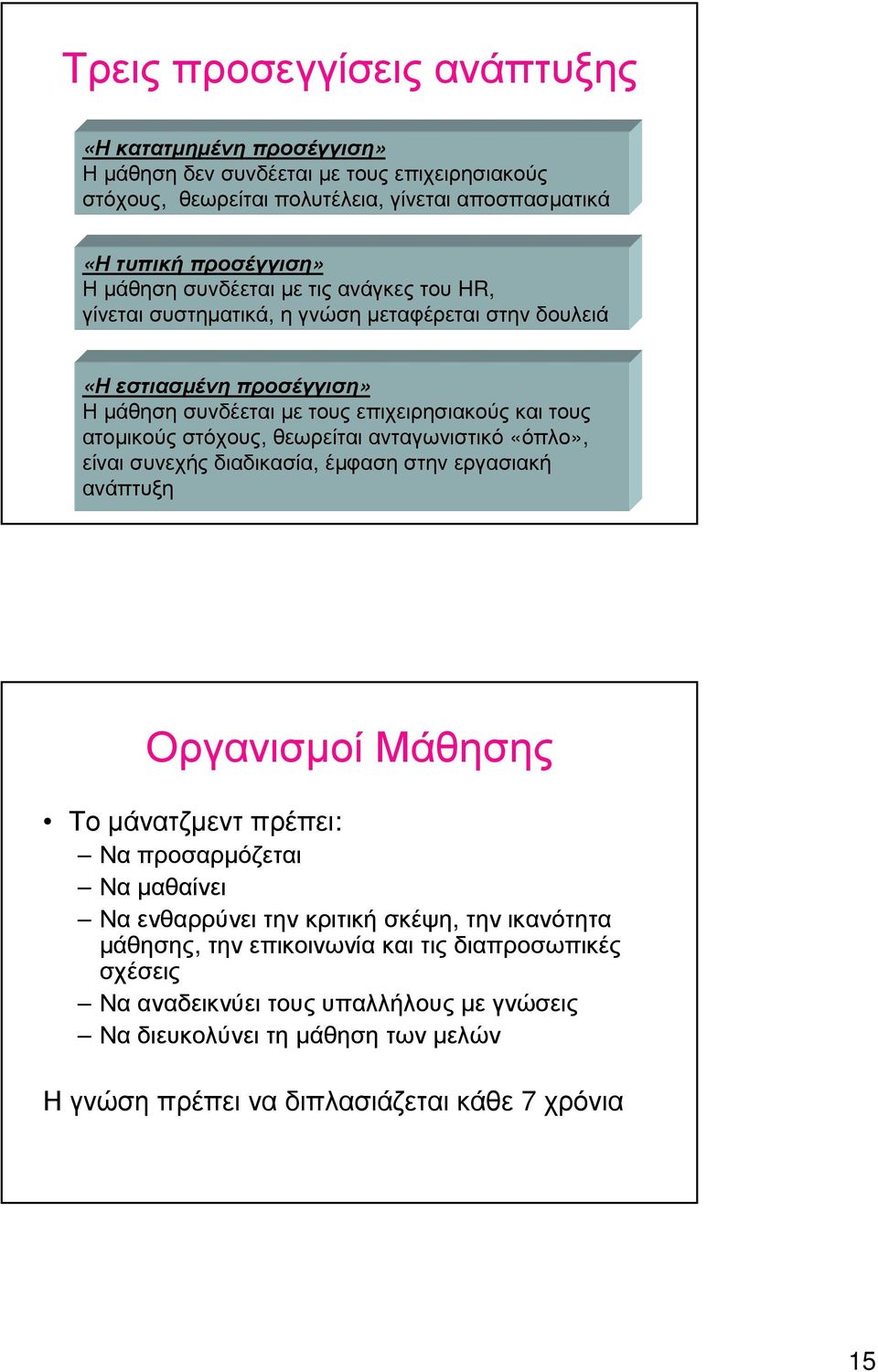 θεωρείταιανταγωνιστικό «όπλο», είναι συνεχής διαδικασία, έµφαση στην εργασιακή ανάπτυξη Οργανισµοί Μάθησης Το µάνατζµεντ πρέπει: Να προσαρµόζεται Να µαθαίνει Να ενθαρρύνει την κριτική