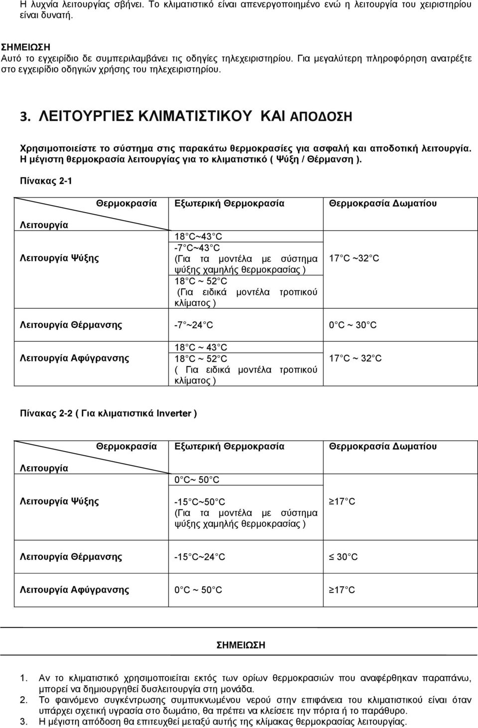 ΛΕΙΤΟΥΡΓΙΕΣ ΚΛΙΜΑΤΙΣΤΙΚΟΥ ΚΑΙ ΑΠΟΔΟΣΗ Χρησιμοποιείστε το σύστημα στις παρακάτω θερμοκρασίες για ασφαλή και αποδοτική λειτουργία.