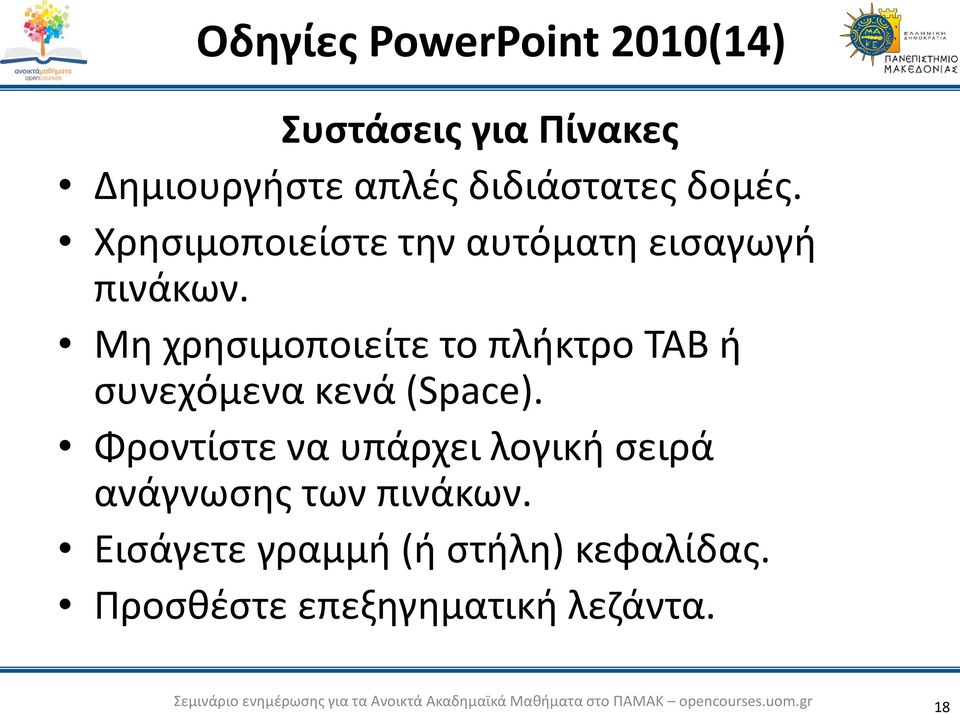 Μη χρησιμοποιείτε το πλήκτρο TAB ή συνεχόμενα κενά (Space).