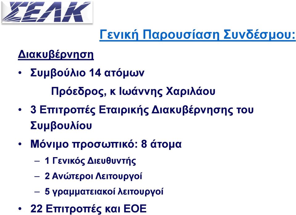 ιακυβέρνησης του Συμβουλίου Μόνιμο προσωπικό: 8 άτομα 1 Γενικός