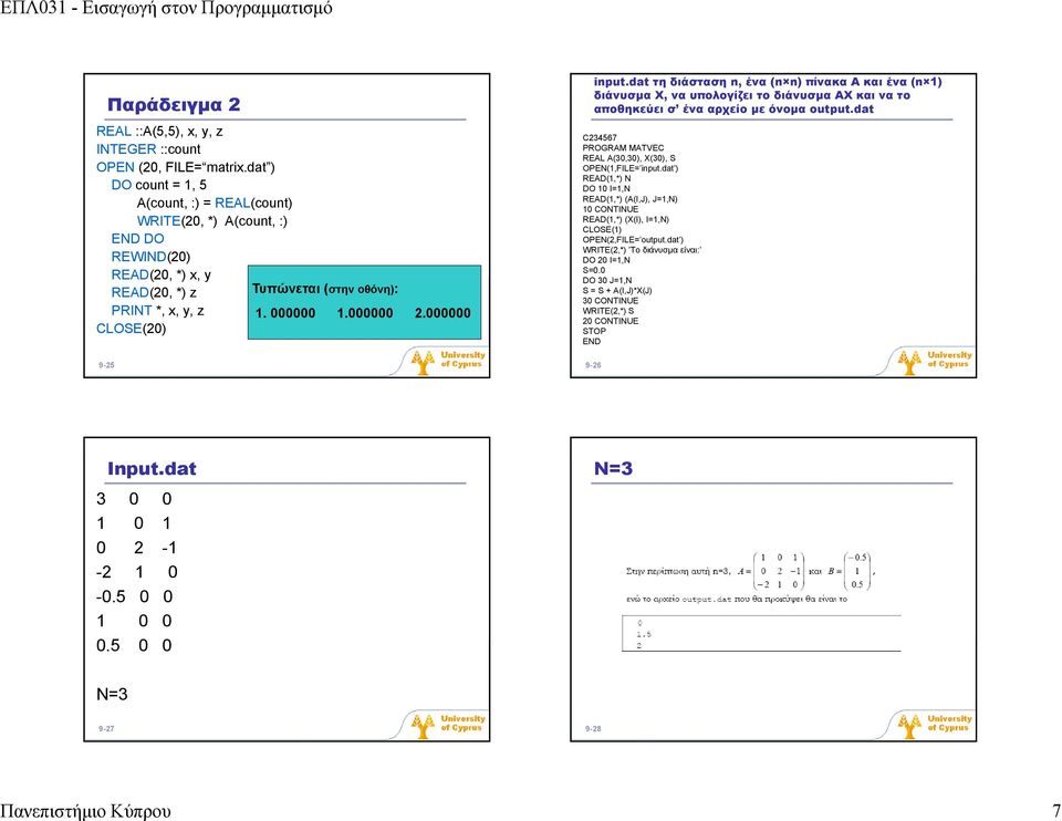 000000 CLOSE(20) 9-25 input.dat τη διάσταση n, ένα (n n) πίνακα Α και ένα (n 1) διάνυσμα Χ, να υπολογίζει το διάνυσμα ΑΧ και να το αποθηκεύει σ ένα αρχείο με όνομα output.