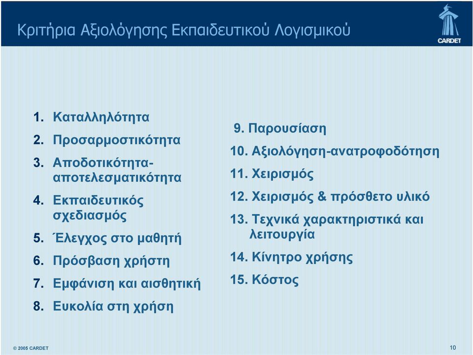 Πρόσβαση χρήστη 7. Εμφάνιση και αισθητική 8. Ευκολία στη χρήση 9. Παρουσίαση 10.