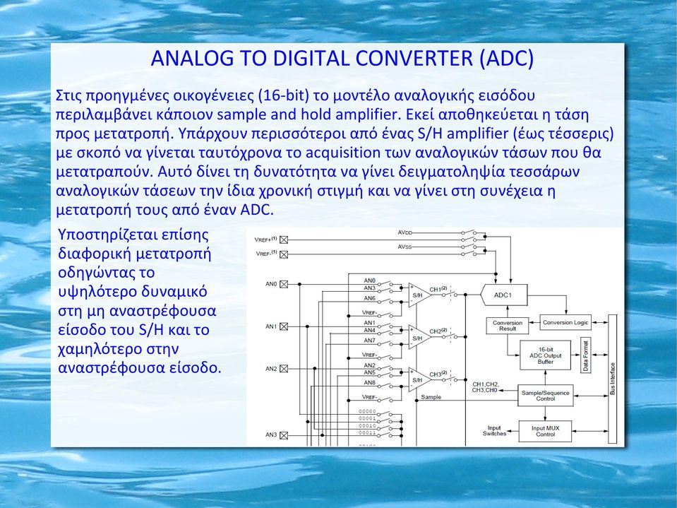 Υπάρχουν περισσότεροι από ένας S/H amplifier (έως τέσσερις) με σκοπό να γίνεται ταυτόχρονα το acquisition των αναλογικών τάσων που θα μετατραπούν.