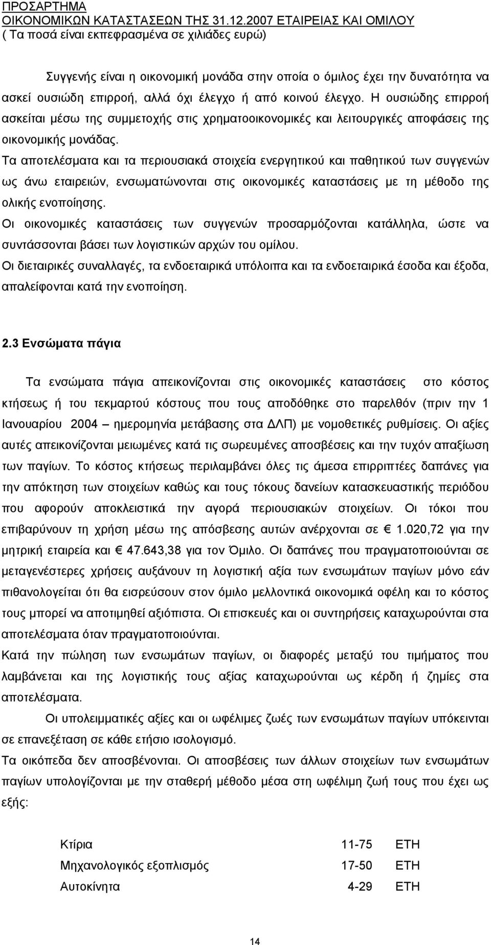Τα αποτελέσματα και τα περιουσιακά στοιχεία ενεργητικού και παθητικού των συγγενών ως άνω εταιρειών, ενσωματώνονται στις οικονομικές καταστάσεις με τη μέθοδο της ολικής ενοποίησης.