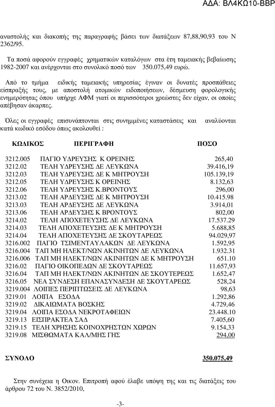 Από το τµήµα ειδικής ταµειακής υπηρεσίας έγιναν οι δυνατές προσπάθειες είσπραξής τους, µε αποστολή ατοµικών ειδοποιήσεων, δέσµευση φορολογικής ενηµερότητας όπου υπήρχε ΑΦΜ γιατί οι περισσότεροι