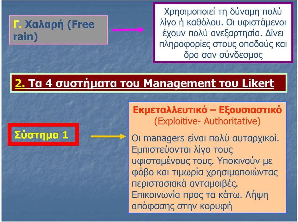 Τα 4 συστήματα του Management του Likert Σύστημα 1 Εκμεταλλευτικό Εξουσιαστικό (Exploitive- Authoritative) Οι