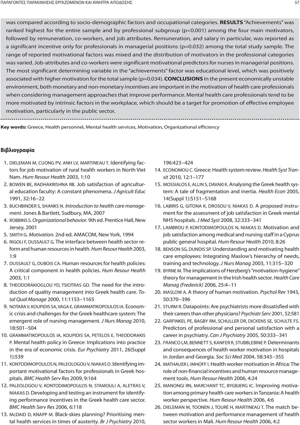 Remuneration, and salary in particular, was reported as a significant incentive only for professionals in managerial positions (p=0.032) among the total study sample.
