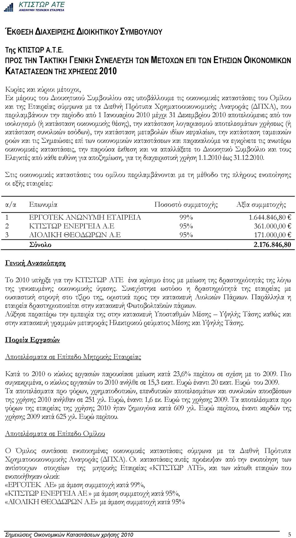 Ιανουαρίου 2010 μέχρι 31 Δεκεμβρίου 2010 αποτελούμενες από τον ισολογισμό (ή κατάσταση οικονομικής θέσης), την κατάσταση λογαριασμού αποτελεσμάτων χρήσεως (ή κατάσταση συνολικών εσόδων), την