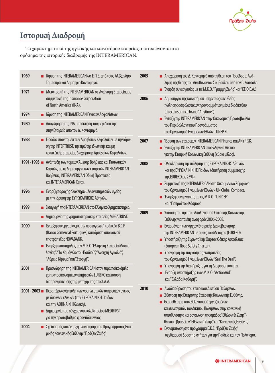 1974 Ίδρυση της INTERAMERICAN Γενικών Ασφαλίσεων. 1980 Αποχώρηση της ΙΝΑ - απόκτηση του μεριδίου της στην Εταιρεία από τον Δ. Κοντομηνά.
